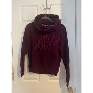 Nike long cowl neck pullover hoodie in burgundy with a pink logo | Size small